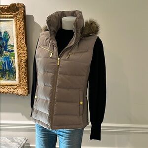 Michael Kors Women's Taupe Puffer Vest with detachable Faux Fur Hood